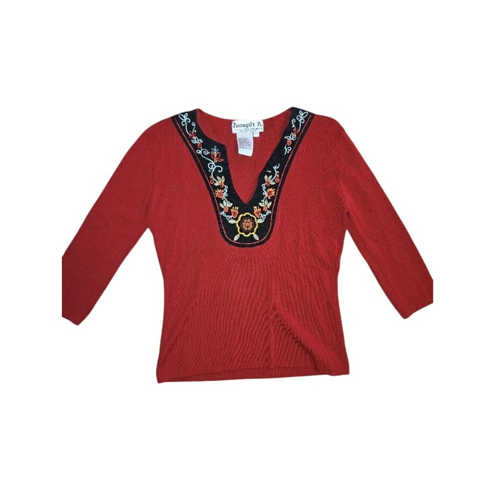 Joseph A Womens‎ Red Embroidered Floral Knit Sweater 3/4 Sleeve Size L